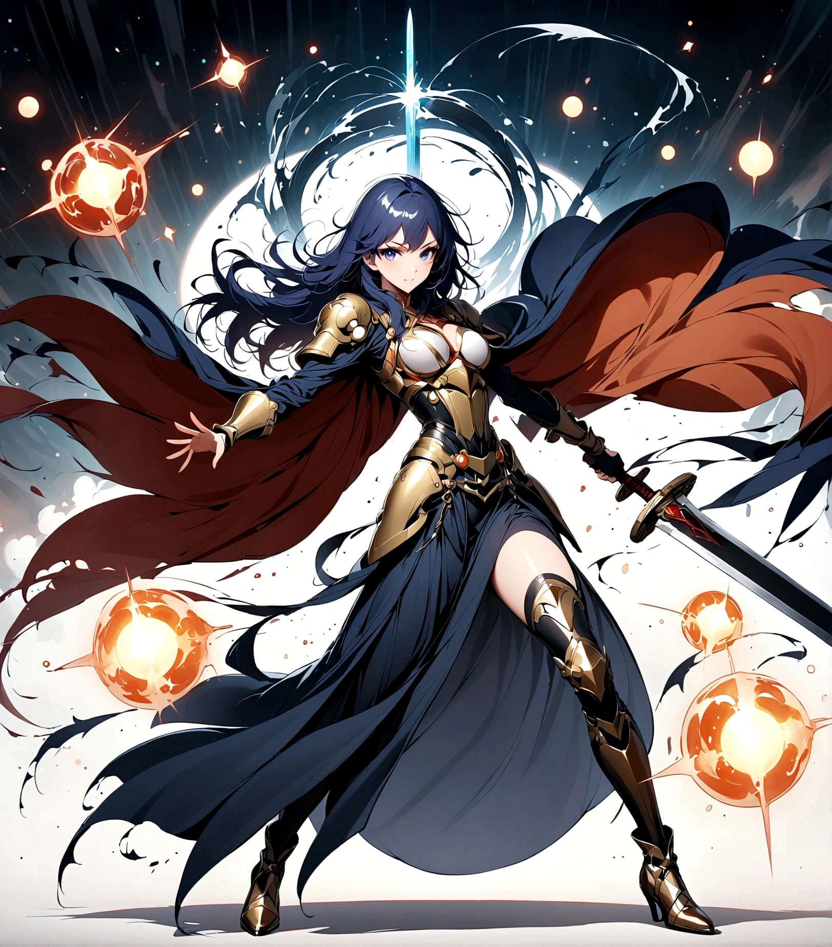 a black and white painting of a woman with swords as she is surrounded by other people, weapon, sword, multiple girls, elf girl 