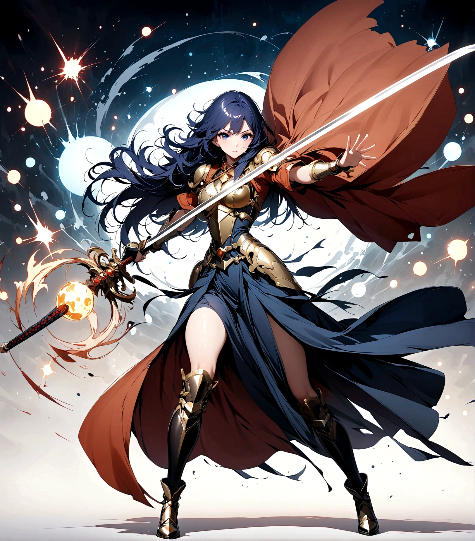 艺术Ink Painting,立体Ink Painting,Minimalism,Minimalism图形艺术,Anime girl holding a sword,whole body,Chinese,,Ink Painting,Blue robe,Black long hair,Black and white background,古韵White space,White space,大面积White space,Textured Matte,Low saturation,Minimalism构图,Main Composition