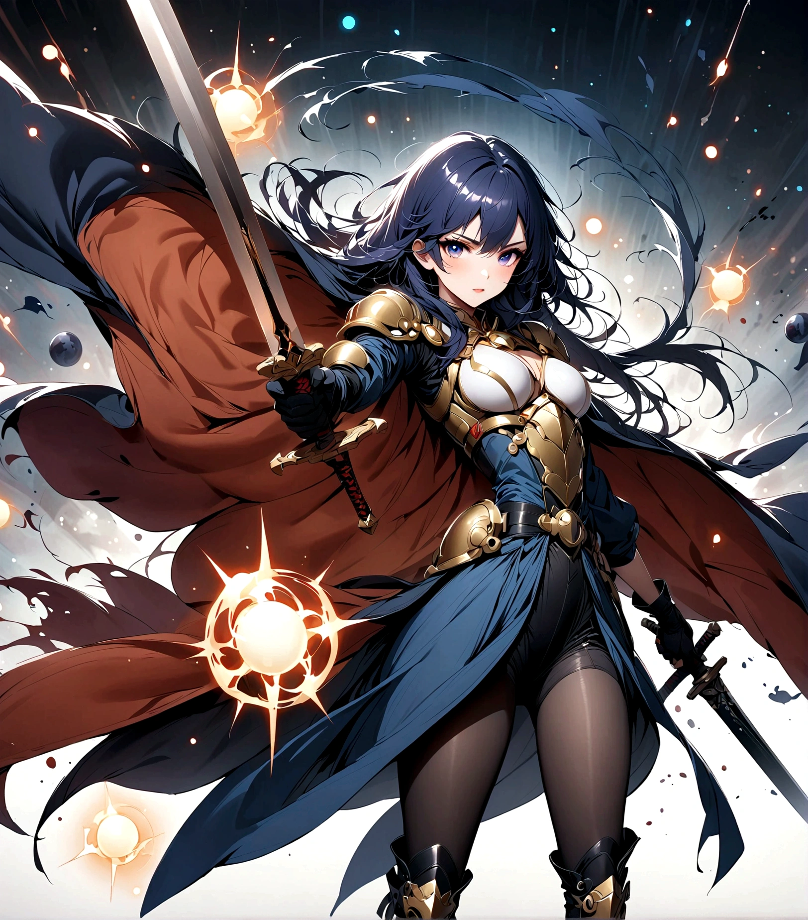 艺术Ink Painting,立体Ink Painting,Minimalism,Minimalism图形艺术,Anime girl holding a sword,whole body,Chinese,,Ink Painting,Blue robe,Black long hair,Black and white background,古韵White space,White space,大面积White space,Textured Matte,Low saturation,Minimalism构图,Main Composition