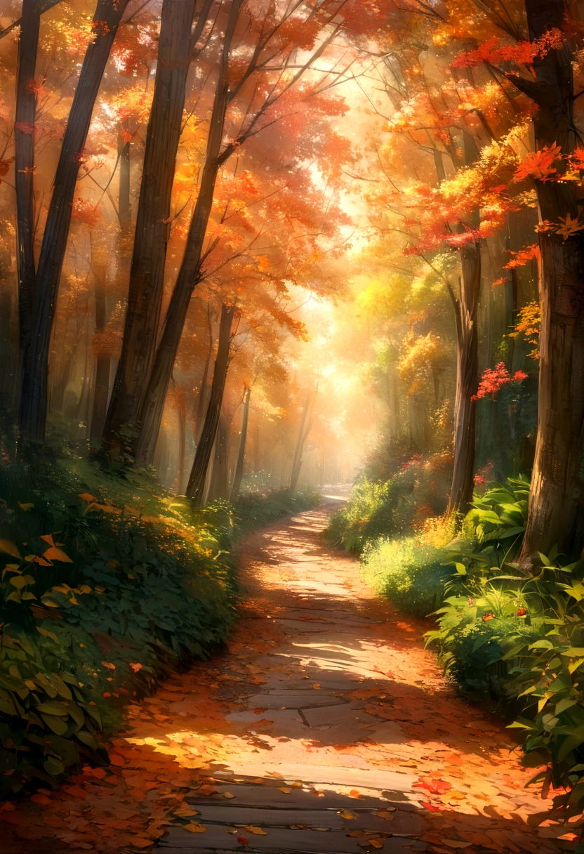 ((high quality)),((masterpiece)),8K,There is a trail that leads to a green park., Autumn tranquility, Dreamy scene, in autumn forest, Soft Diffuser Autumn Light, Beautiful digital painting, Soft autumn sunshine, on 森のtrail, trail, , melancholy autumn light, Paul Burson, Bright Forest Trail, HDR Digital Painting, Oil painting style, Gorgeous digital painting