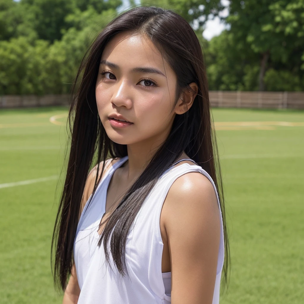 Attractive asian woman in her 15s
Filipina descent with brown skin and long straight black hair wearing just a loose jersy shirt, shoulder expose. Body covered with sweat, jersy drench in sweat. Face beautiful with a band aid in her nose. Background outdoor field.