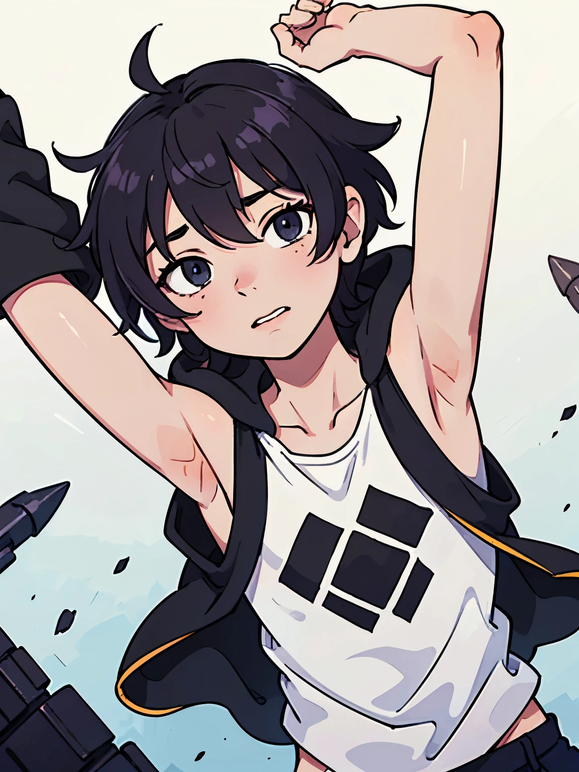 Highres, Masterpiece, Best quality at best,Best Quality,hight quality, hight detailed, Anime style, 1boy, Shota, young boy, Solo person, Black hoodie, Sleeveless hoodie, Seen from the front, look at viewer, (very young boy), (very small and short body), 12-year-old boys, (Showing armpit:1.3), hansome boy, perfect anime still frame,