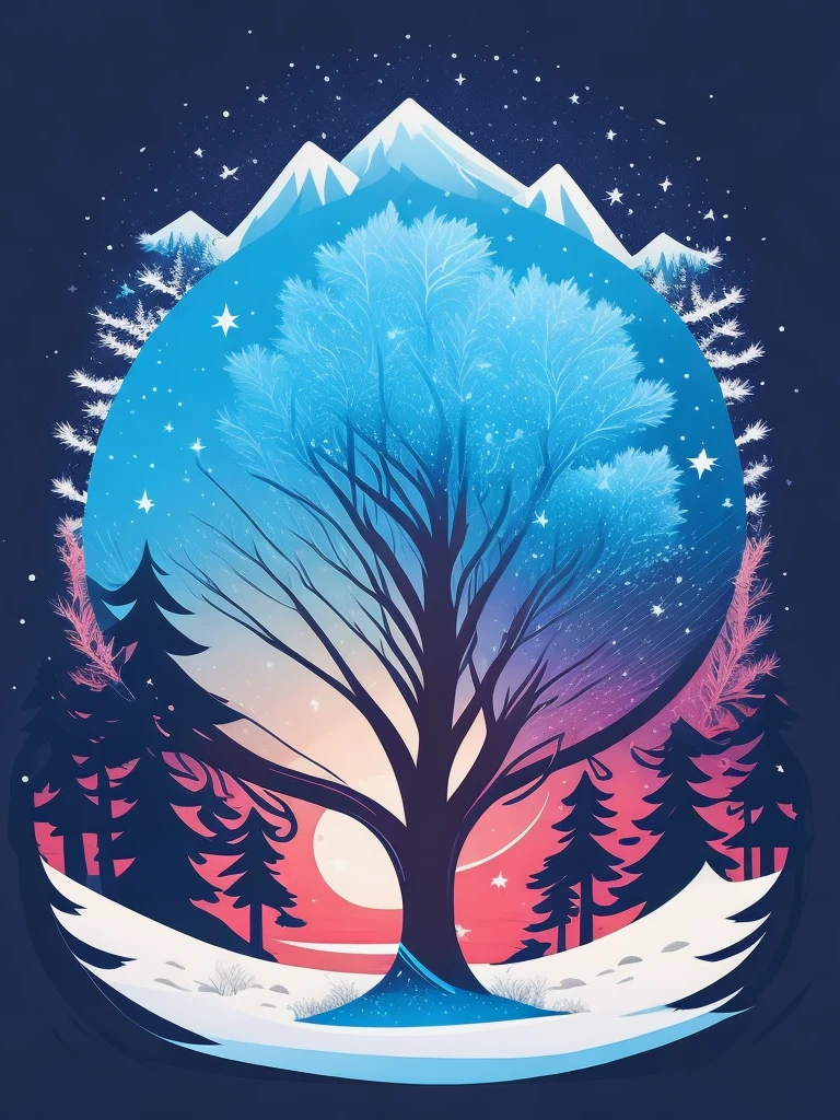 a spruice tree in a winter landscape, tshirt design, rzminjourney, vector-art