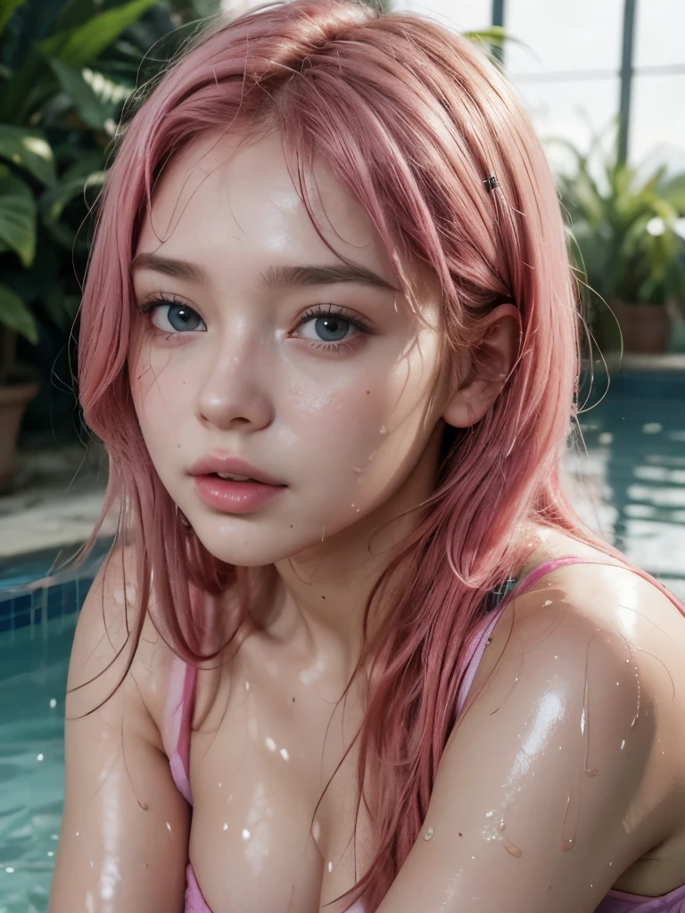 masterpiece,best quality,photo realistic,asda,face,1girl,head,thick lips, pink hair,sitting ,wet,shiny skin, mix4,
