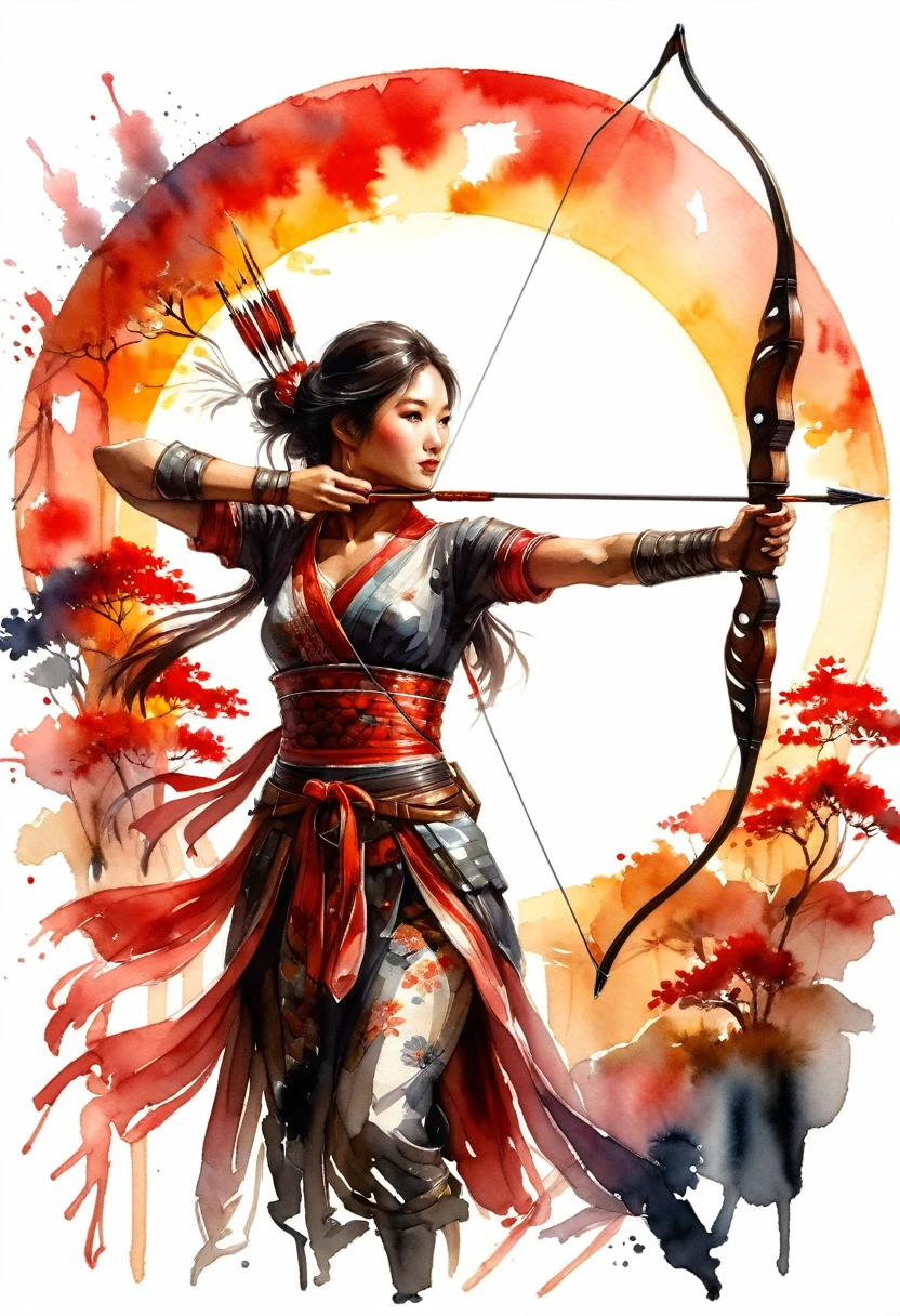 a Japanese watercolor illustration (using Black, white and red colors only) of a exquisite beautiful female archer, (silhouette artwork: 1.3), aiming a bow, holding the (composite masterwork bow: 1.3)  perfectly, ready for action as the sun rises, fantasy art, ), sun rising behind the archer, ready to act,  ultra feminine, with a long curvy hair, dynamic clothing, intricate clothes, , sting drawn to the cheek , arrow ready to be shot, (tip of the arrow glimmers in the sun: 1.3), sunrays, divine rays, high details, best quality, 16k, [ultra detailed], masterpiece, best quality, (extremely detailed), dynamic angle, Aiming a Bow, bow (weapon), ral-wtrclr