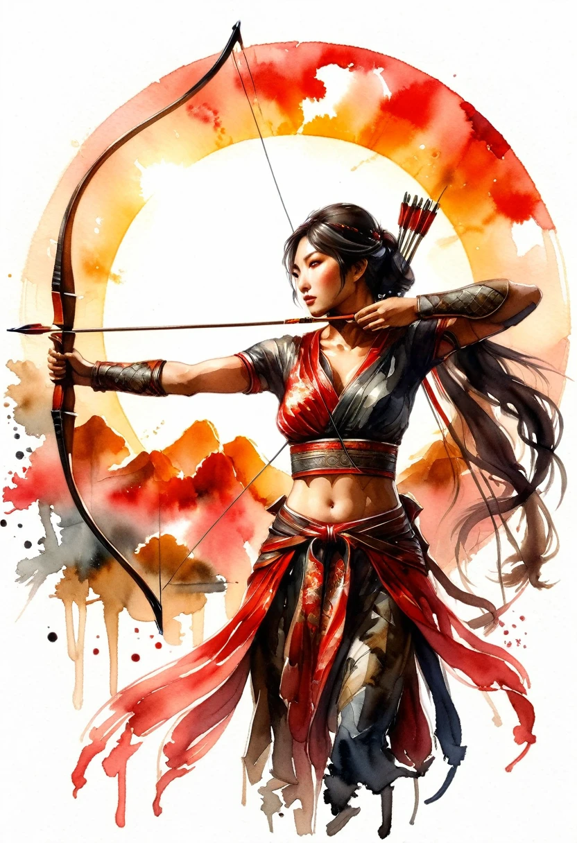 a Japanese watercolor illustration (using Black, white and red colors only) of a exquisite beautiful female archer, (silhouette artwork: 1.3), aiming a bow, holding the (composite masterwork bow: 1.3)  perfectly, ready for action as the sun rises, fantasy art, ), sun rising behind the archer, ready to act,  ultra feminine, with a long curvy hair, dynamic clothing, intricate clothes, , sting drawn to the cheek , arrow ready to be shot, (tip of the arrow glimmers in the sun: 1.3), sunrays, divine rays, high details, best quality, 16k, [ultra detailed], masterpiece, best quality, (extremely detailed), dynamic angle, Aiming a Bow, bow (weapon), ral-wtrclr