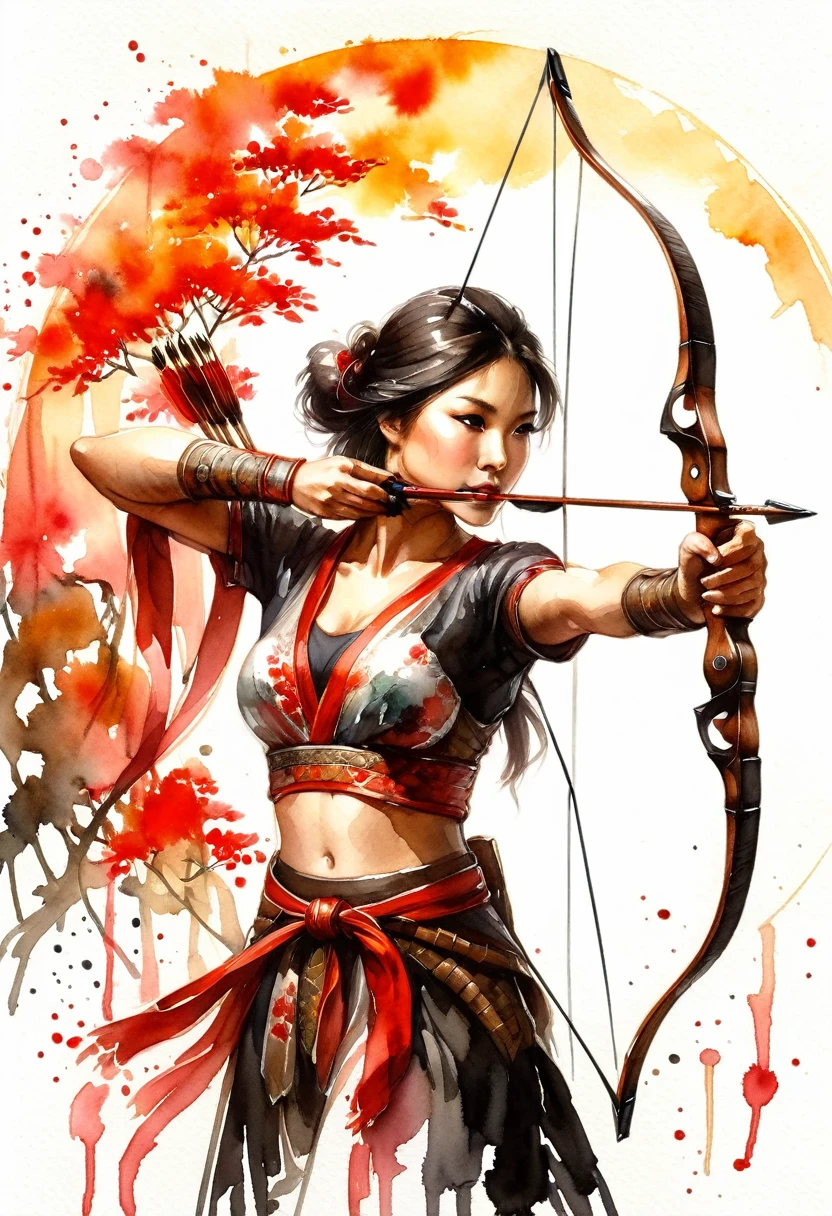 a Japanese watercolor illustration (using Black, white and red colors only) of a exquisite beautiful female archer, (silhouette artwork: 1.3), aiming a bow, holding the (composite masterwork bow: 1.3)  perfectly, ready for action as the sun rises, fantasy art, ), sun rising behind the archer, ready to act,  ultra feminine, with a long curvy hair, dynamic clothing, intricate clothes, , sting drawn to the cheek , arrow ready to be shot, (tip of the arrow glimmers in the sun: 1.3), sunrays, divine rays, high details, best quality, 16k, [ultra detailed], masterpiece, best quality, (extremely detailed), dynamic angle, Aiming a Bow, bow (weapon), ral-wtrclr