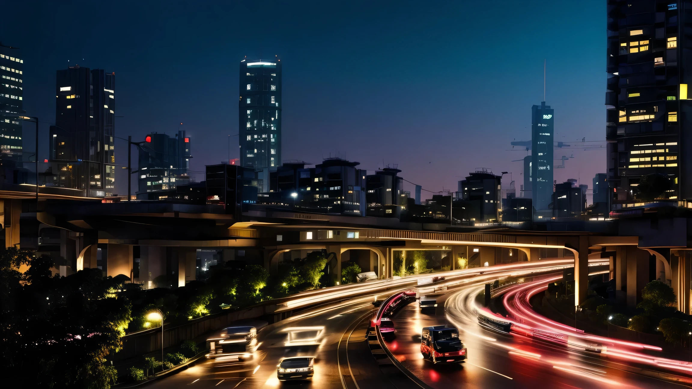 In the evening, the city with tall buildings is crisscrossed with elevated roads