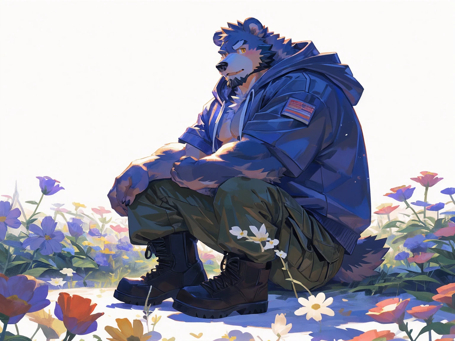 (masterpiece:1.2), best quality,pixiv,official art,perfect anatomy, (Ray tracing, light),solo, (1_male:1.3) , (muscle), (grey fur:1.4), (muscle bear), (beard:1.2), (gleaming golden eyes), bear tail, Thick black eyebrows, (open hoodie :1.3) , (naked inside:1.2), cargo pants,boots, portrait , (white background:1.3) , (flowers around:1.3)