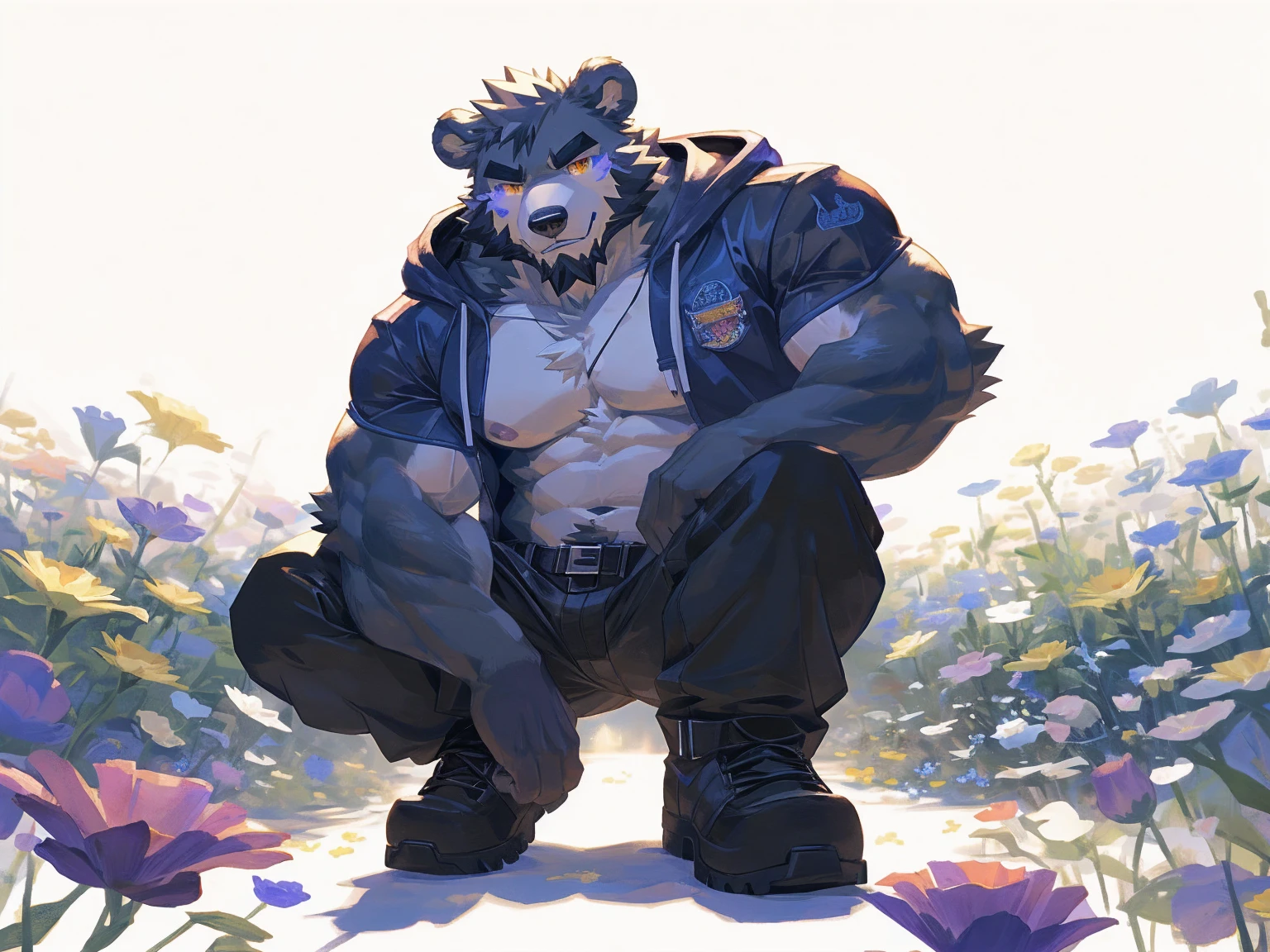 (masterpiece:1.2), best quality,pixiv,official art,perfect anatomy, (Ray tracing, light),solo, (1_male:1.3) , (muscle), (grey fur:1.4), (muscle bear), (beard:1.2), (gleaming golden eyes), bear tail, Thick black eyebrows, (open hoodie :1.3) , (naked inside:1.2), cargo pants,boots, portrait , (white background:1.3) , (flowers around:1.3)
