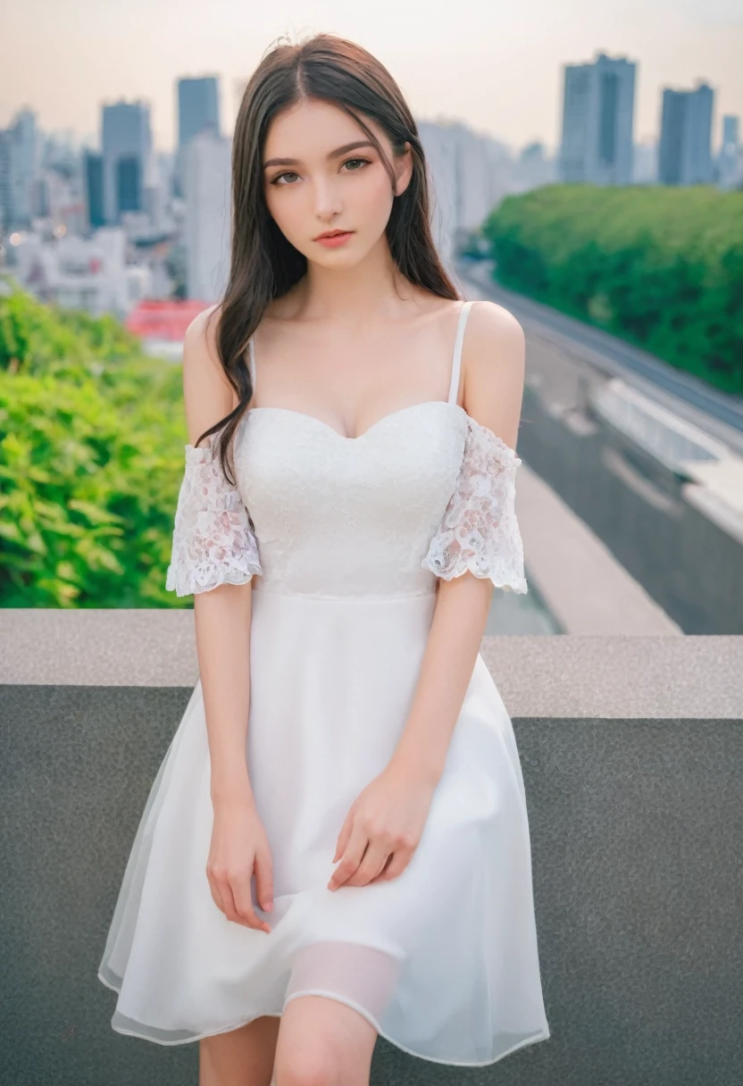 Leila、18-year-old、(Russian women)、(Cute face:1.3)、(Thin contours:1.3)、Grey Eyes、、Black medium-long hair、(Big Breasts)、8-head-tall model style、Angle up to the knee、White dress、Inside the city of Tokyo