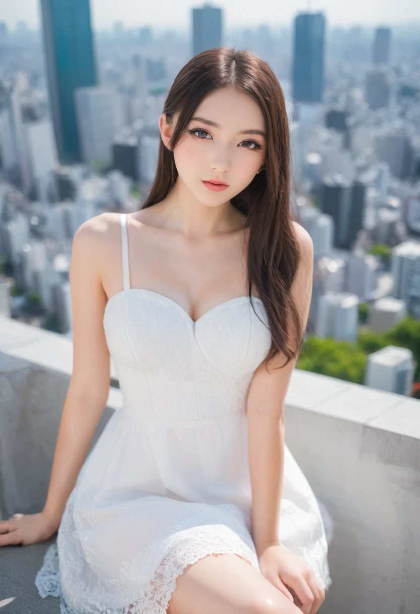 Leila、18-year-old、（Russian women）、（Cute face:1.3）、（Thin contours:1.3）、Grey Eyes、、Black medium-long hair、（Big Breasts）、8-head-tall model style、Angle up to the knee、White dress、Inside the city of Tokyo