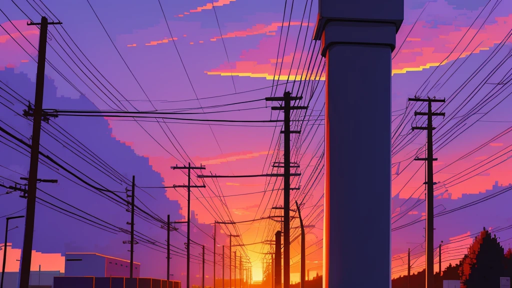 purple theme, power pole in the sunset, pixel art, anime