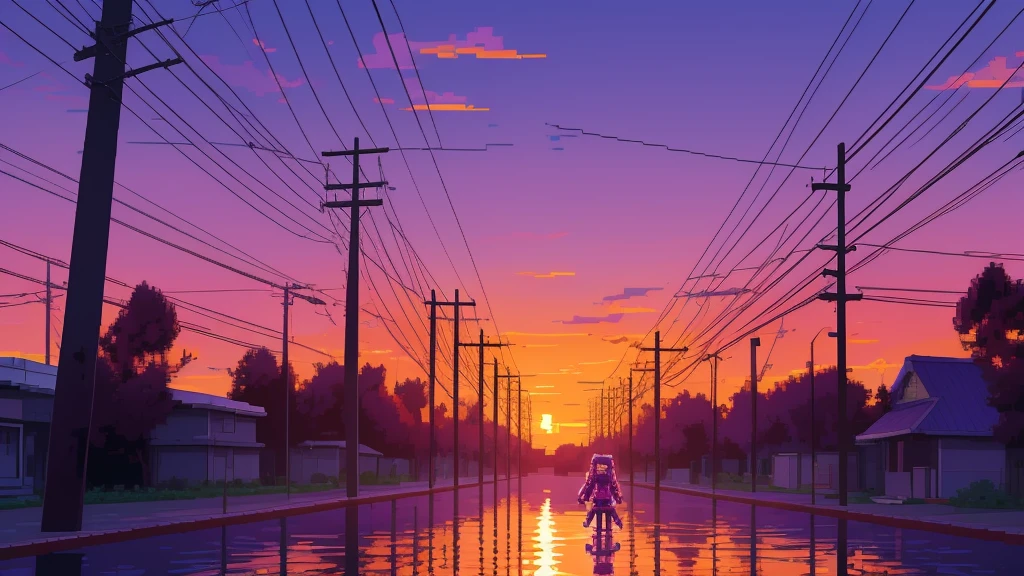 purple theme, power pole in the sunset, pixel art, anime