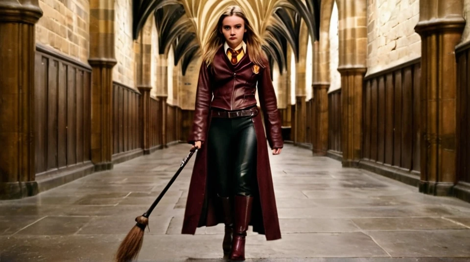 Young woman stands in griffindor leather outfit with a whip in a corridor of Hogwarts