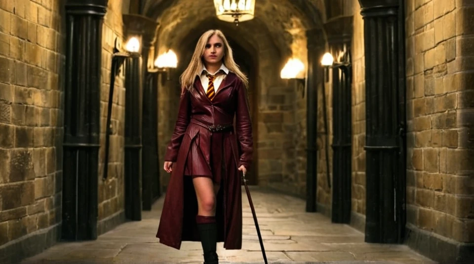 Young woman stands in griffindor leather outfit with a whip in a corridor of Hogwarts