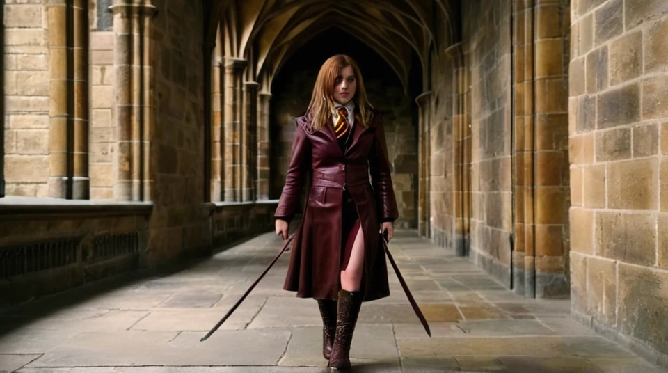 Young woman stands in griffindor leather outfit with a whip in a corridor of Hogwarts 