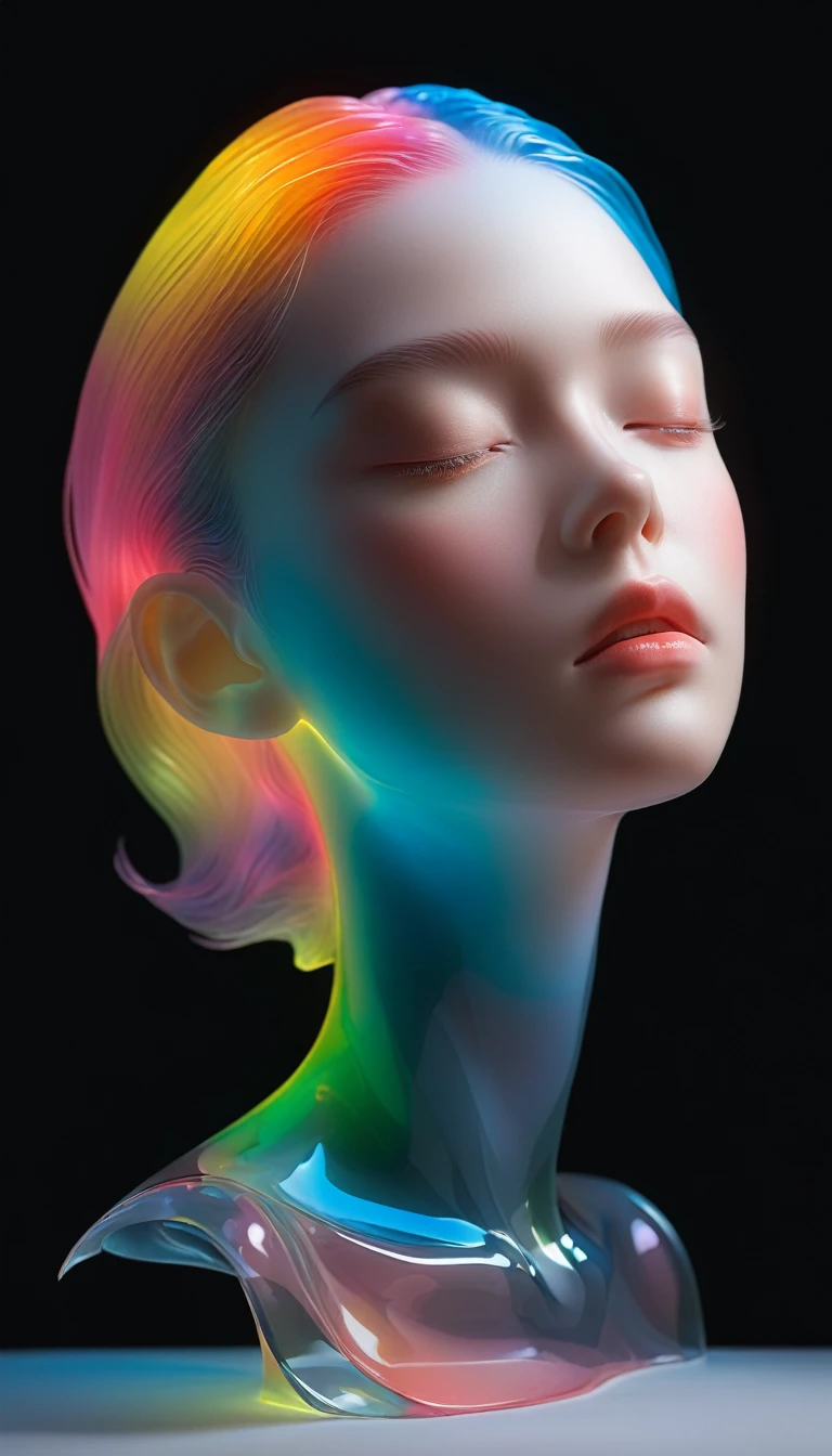 A colorful transparent 3D portrait sculpture made of glass is placed on the central stand.，Matte texture，面部Luminescence线路，simple，Minimalism，beautiful girl，Soft and elegant colors，，Dark background，Luminescence