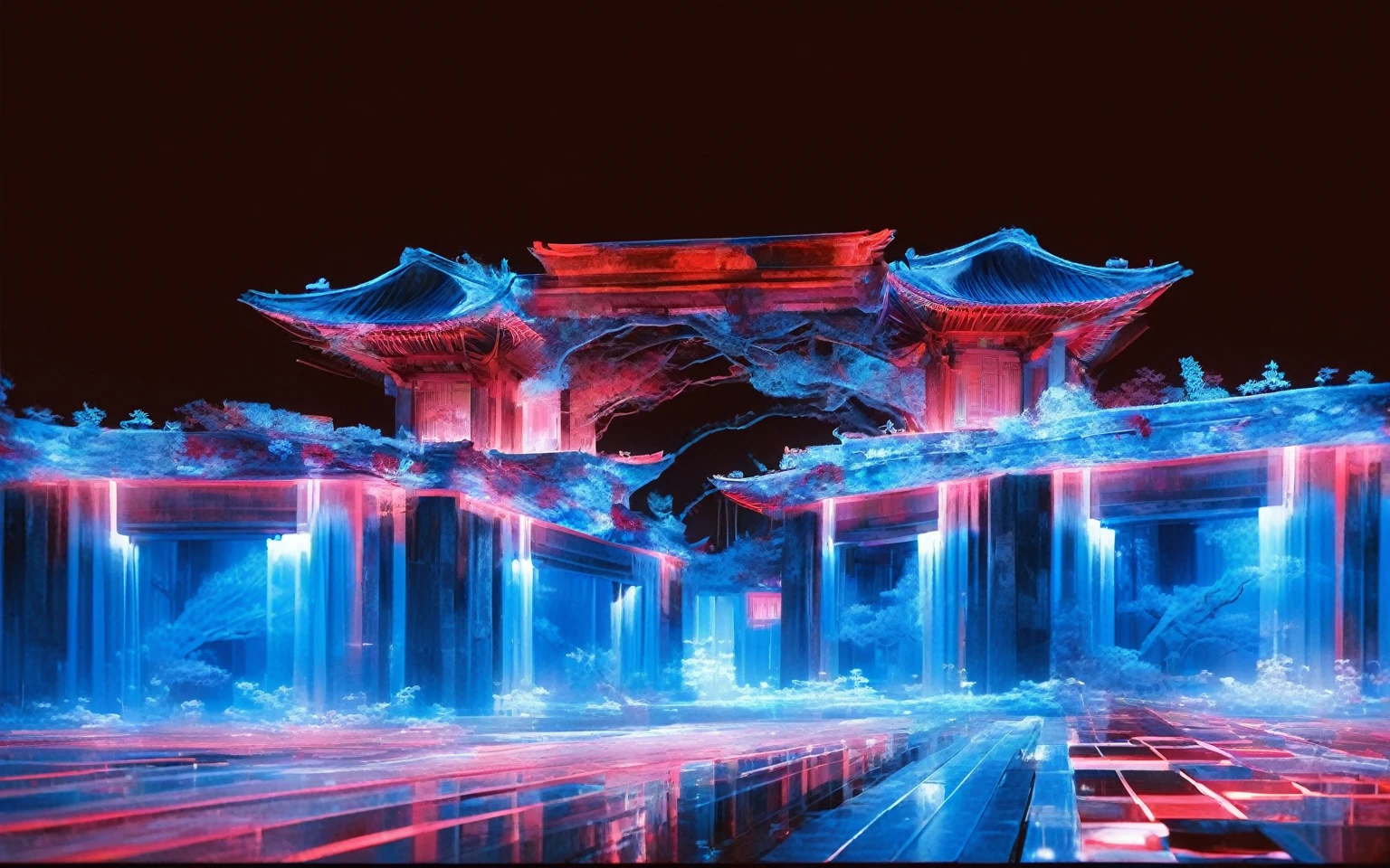 Chinese architecture, symmetrical composition, X-ray, transparent, architectural structure, bioluminescence, white and blue and red, minimalist shape
﻿