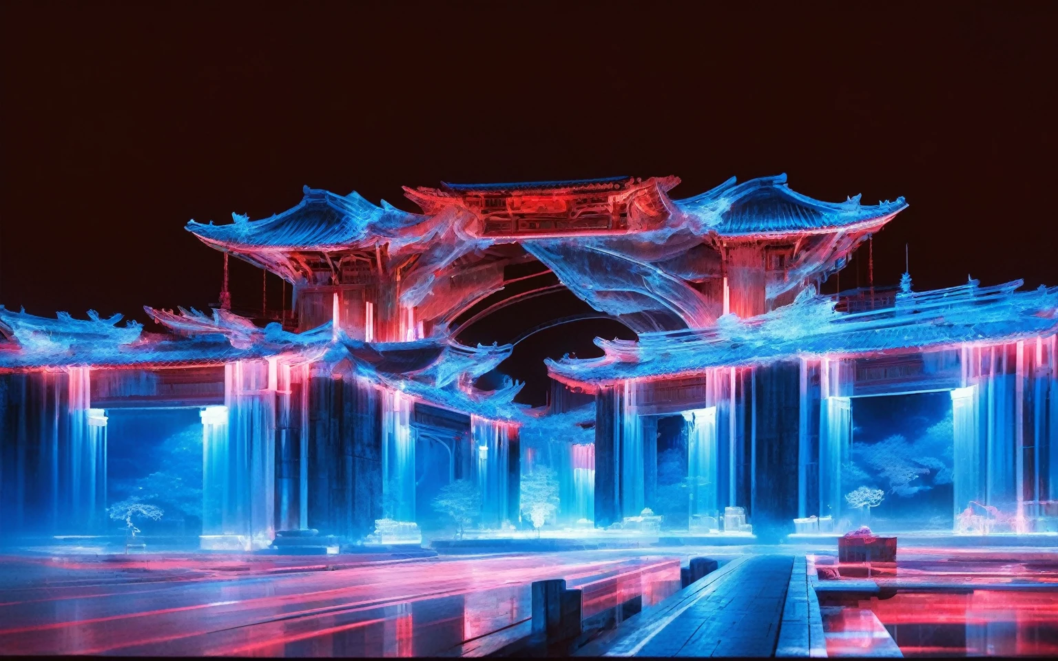 Chinese architecture, symmetrical composition, X-ray, transparent, architectural structure, bioluminescence, white and blue and red, minimalist shape
﻿