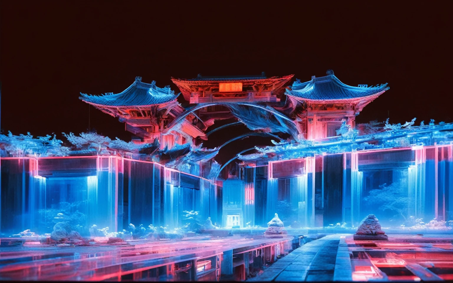 Chinese architecture, symmetrical composition, X-ray, transparent, architectural structure, bioluminescence, white and blue and red, minimalist shape
