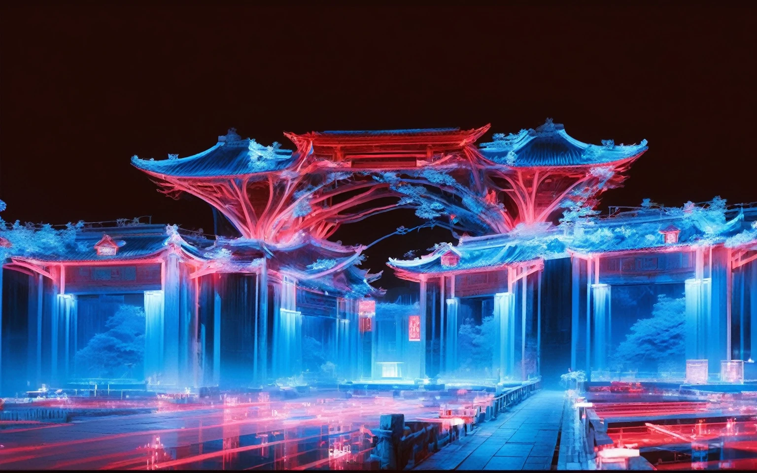 Chinese architecture, symmetrical composition, X-ray, transparent, architectural structure, bioluminescence, white and blue and red, minimalist shape

