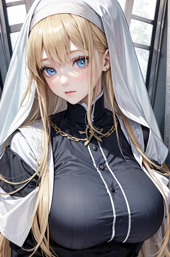 blonde，Blue Eyes，Long hair，Big breasts，woman wearing nun uniform，Slightly fat face，Mature teenage girl，Royal sister