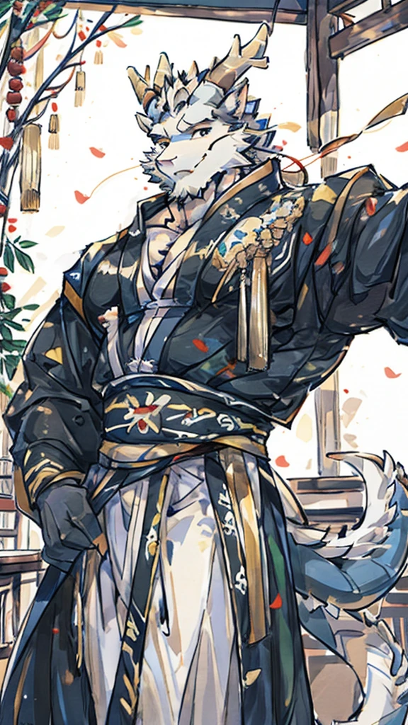 (white eastern dragon),furry,white mustache,big pecs,hearty males,muscular,black imperial robe,naked,adult,traditional_chinese_room,head portrait