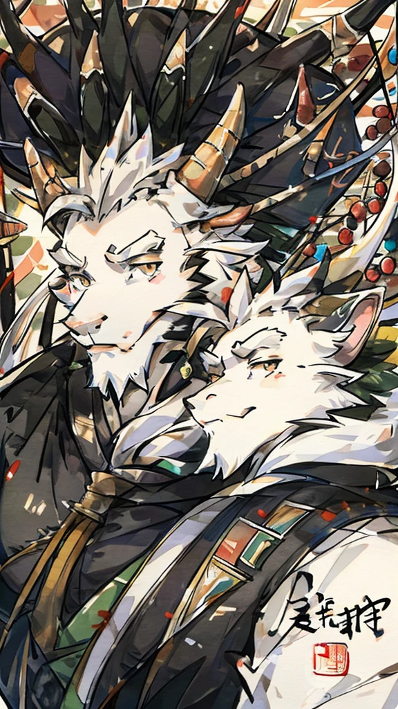 (white eastern dragon),furry,white mustache,big pecs,hearty males,muscular,black imperial robe,naked,adult,traditional_chinese_room，head portrait