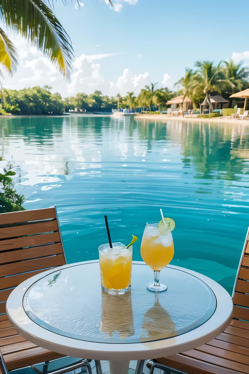 Clear water,Clear,There is a lounge chair and a low table by the water.,There is a drink with ice cubes and a straw on the low table.,,High-definition quality,Bird's-eye view(The chair legs are visible)