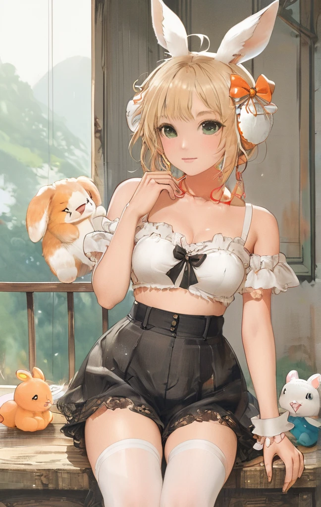 1girl, animal ears, bangs, bare shoulders, blonde hair, blush, bow, breasts, white cleavage, cropped torso, , green eyes, hair ribbon, heterochromia, holding,looking at viewer, open mouth, orange bow, orange eyes, orange ribbon, rabbit ears, ribbon, solo, stuffed animal, stuffed bunny, stuffed toy, twintails, upper body, full-length, white legbands, white shoes with lace and white bows, white background, wrist cuffs, yellow eyes, bloomers, close-up, fair skin frills, lace, midriff, skirt, solo, , white background,shorts, white top with ribbon and lace and trousers,trousers, genshin,white slippers with a bow,All clothes are white, laceAt full height, it stands