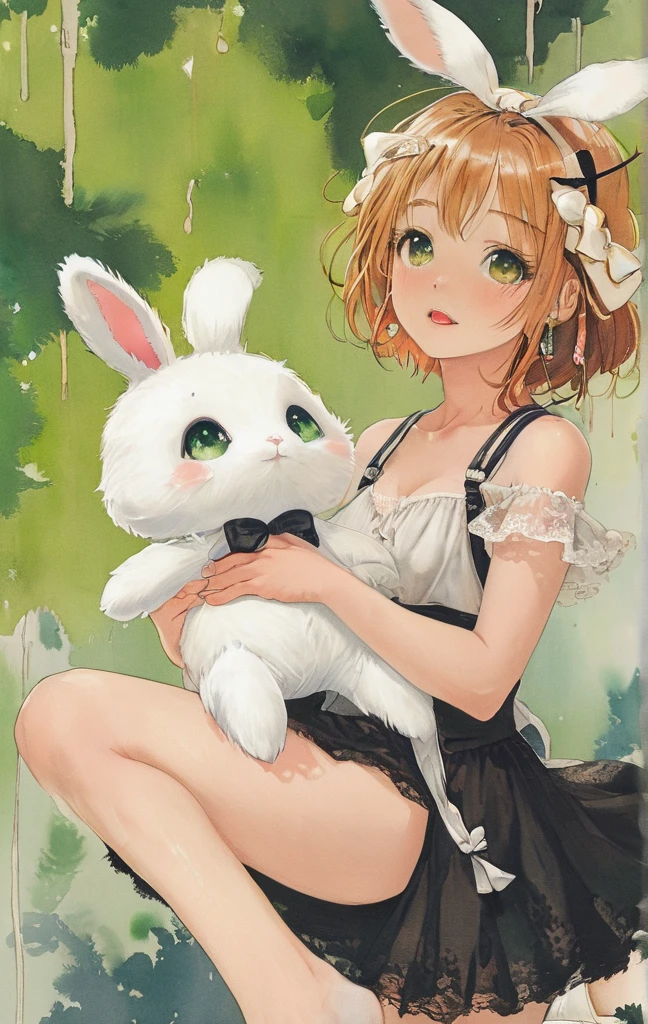 1girl, animal ears, bangs, bare shoulders, blonde hair, blush, bow, breasts, white cleavage, cropped torso, , green eyes, hair ribbon, heterochromia, holding,looking at viewer, open mouth, orange bow, orange eyes, orange ribbon, rabbit ears, ribbon, solo, stuffed animal, stuffed bunny, stuffed toy, twintails, upper body, full-length, white legbands, white shoes with lace and white bows, white background, wrist cuffs, yellow eyes, bloomers, close-up, fair skin frills, lace, midriff, skirt, solo, , white background,shorts, white top with ribbon and lace and trousers,trousers, genshin,white slippers with a bow,All clothes are white, laceAt full height, it stands