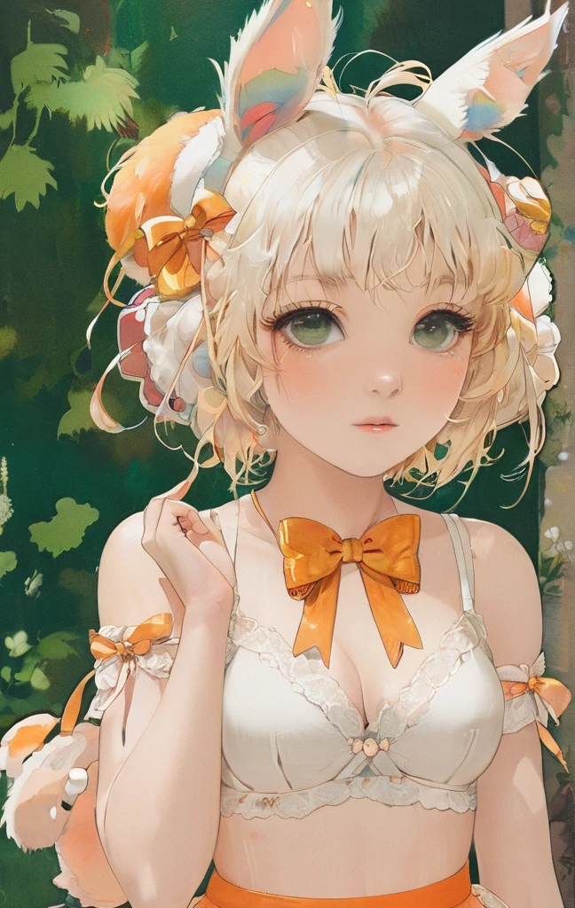 1girl, animal ears, bangs, bare shoulders, blonde hair, blush, bow, breasts, white cleavage, cropped torso, , green eyes, hair ribbon, heterochromia, holding,looking at viewer, open mouth, orange bow, orange eyes, orange ribbon, rabbit ears, ribbon, solo, stuffed animal, stuffed bunny, stuffed toy, twintails, upper body, full-length, white legbands, white shoes with lace and white bows, white background, wrist cuffs, yellow eyes, bloomers, close-up, fair skin frills, lace, midriff, skirt, solo, , white background,shorts, white top with ribbon and lace and trousers,trousers, genshin,white slippers with a bow,All clothes are white, laceAt full height, it stands