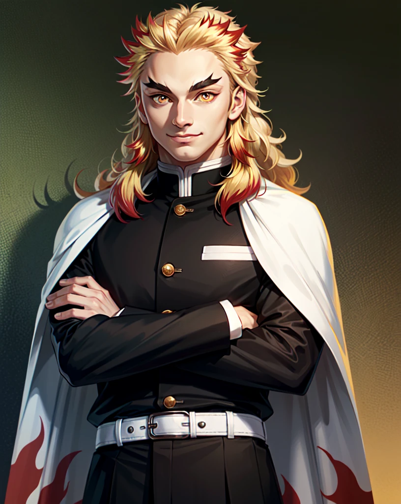 (masterpiece, best quality:1.3), solo, male focus, 1boy, rengoku kyojuro, long hair, forked eyebrows, grin, crossed arms, demon slayer uniform, black jacket, long sleeves, white cape, black pants, white belt, multicolored hair, yellow eyes, realistic, japanese room background  