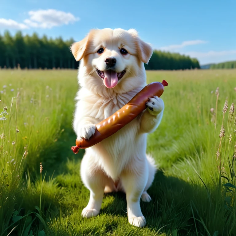 Standing like a human (Fluffy dog), Holding sausage in hand, In the meadow, Ultra-detailed, ８K、Hyperrealism, Sharp frame, Film Studies, Lighting