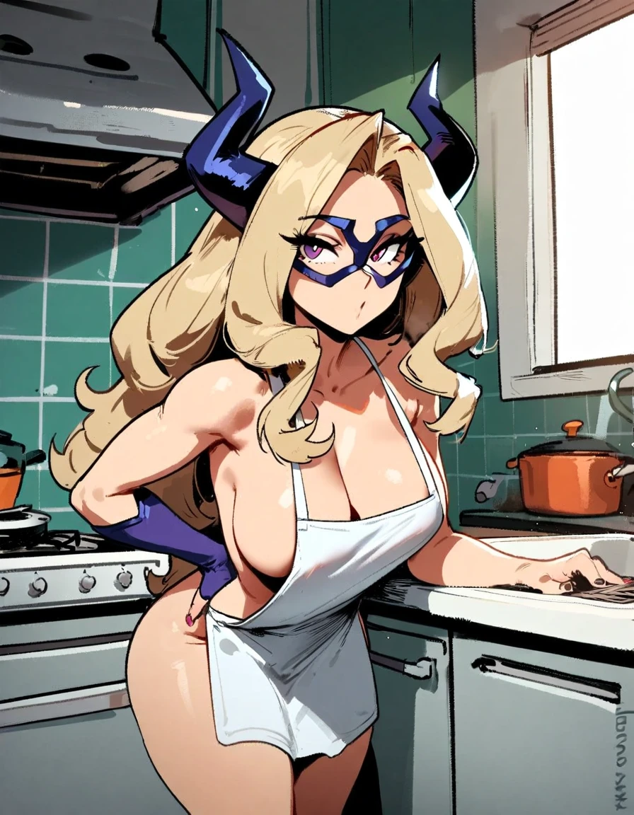 1girl, mount lady, boku no hero academia \\\\\ masterpiece, best quality, very aesthetic, absurdres, newest \\\\\\ sportive body,  \\\\\\  by dodok, nyantcha, cutesexyrobutts, by khyle ///// blonde, purple eyes,   , 24 years old,kitchen, wearing only apron,, naked
