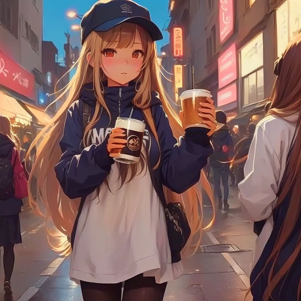 Long haired anime girl holding a beer in a crowded city street, Anime girl drinking energy drink, Cute girl anime visuals, artwork in the style of Gwaiz, Cute Anime Girl, Mysterious Coffee Shop Girl, Anime Style 4k, 4k anime wallpaper, Gwaiz, Beautiful anime art, Young Anime Girl, Trending Anime Art