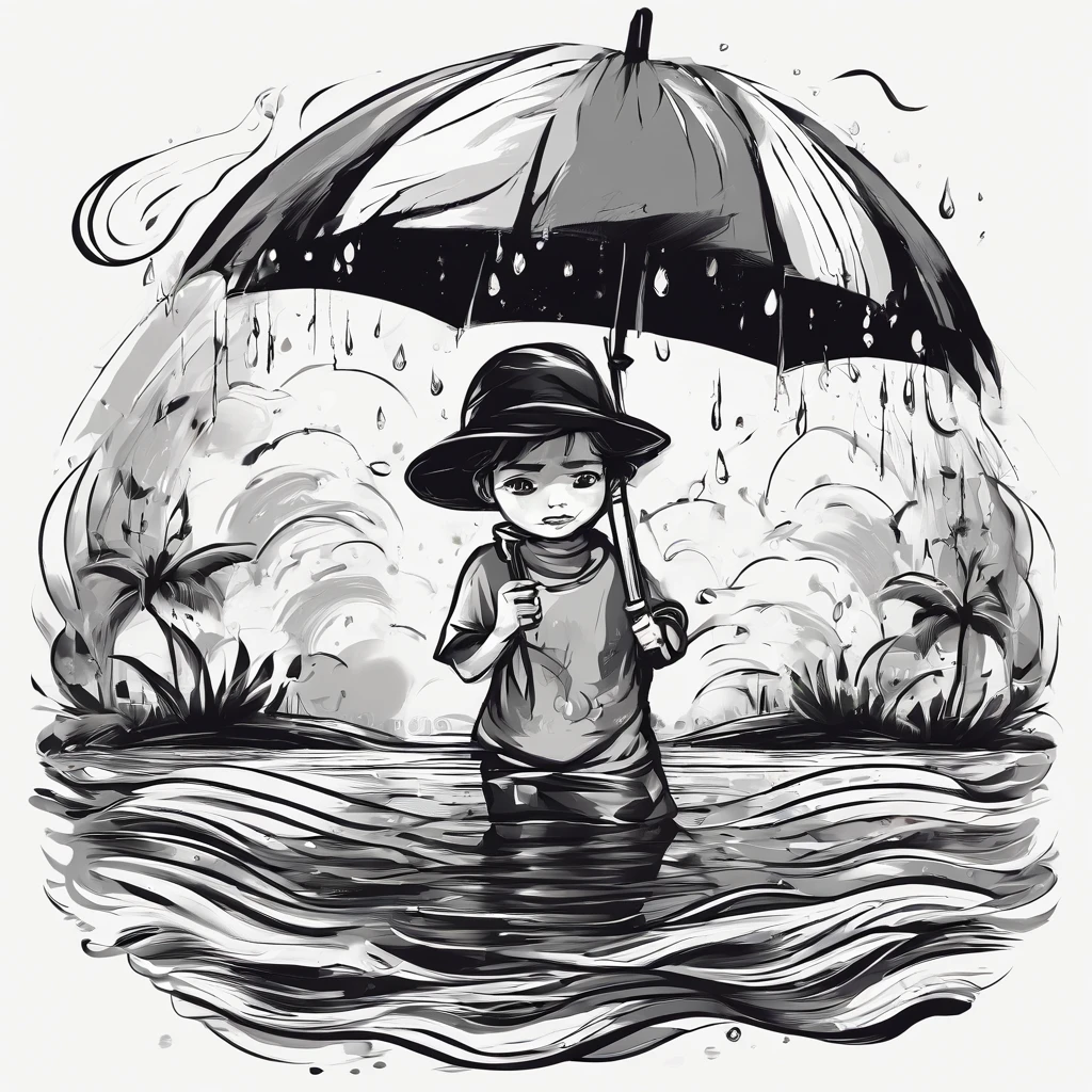 t-shirt design, illustration of a sad indonesian kids holding black umbrella submerged in floodwater hardrain, artwork poster, grunge artwork, centric artwork, highly artwork detailed, 8k, hdr, surreal painting, full color, white background,