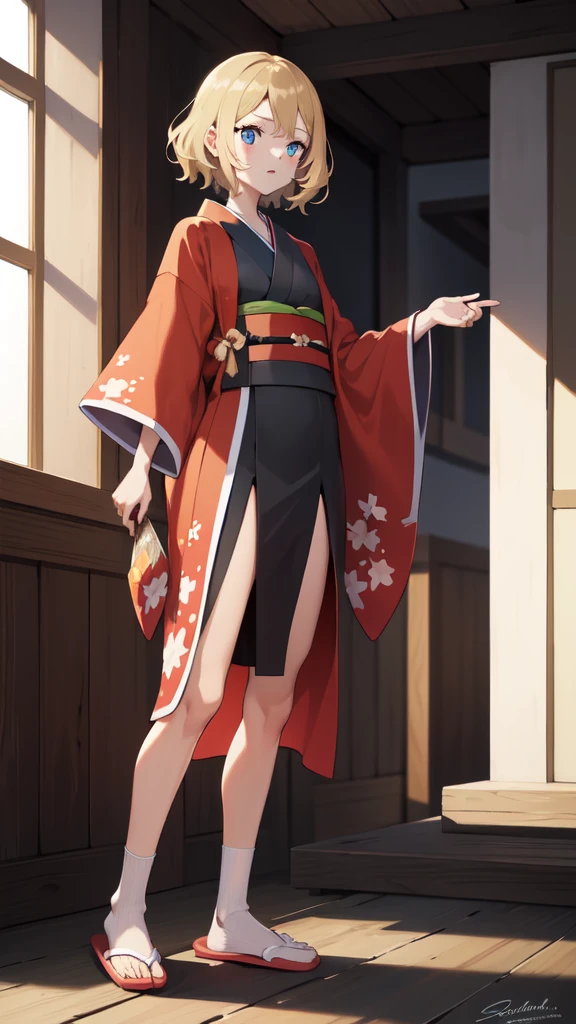 gonzarez, masterpiece, Serenaj, 1girl, solo, blue eyes, blonde hair, short hair, kimono, full body, white socks, slippers