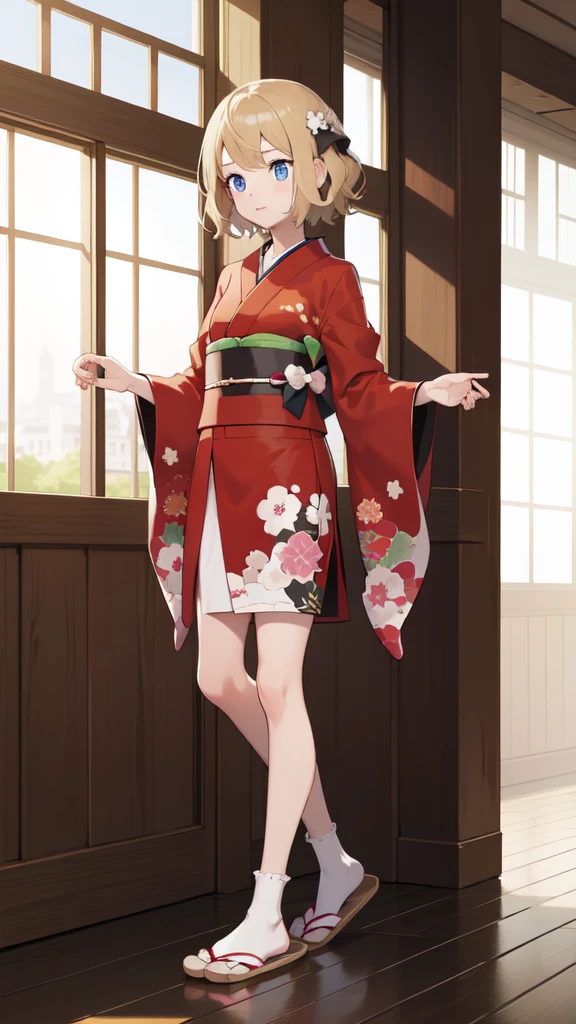 gonzarez, masterpiece, Serenaj, 1girl, solo, blue eyes, blonde hair, short hair, kimono, full body, white socks, slippers 