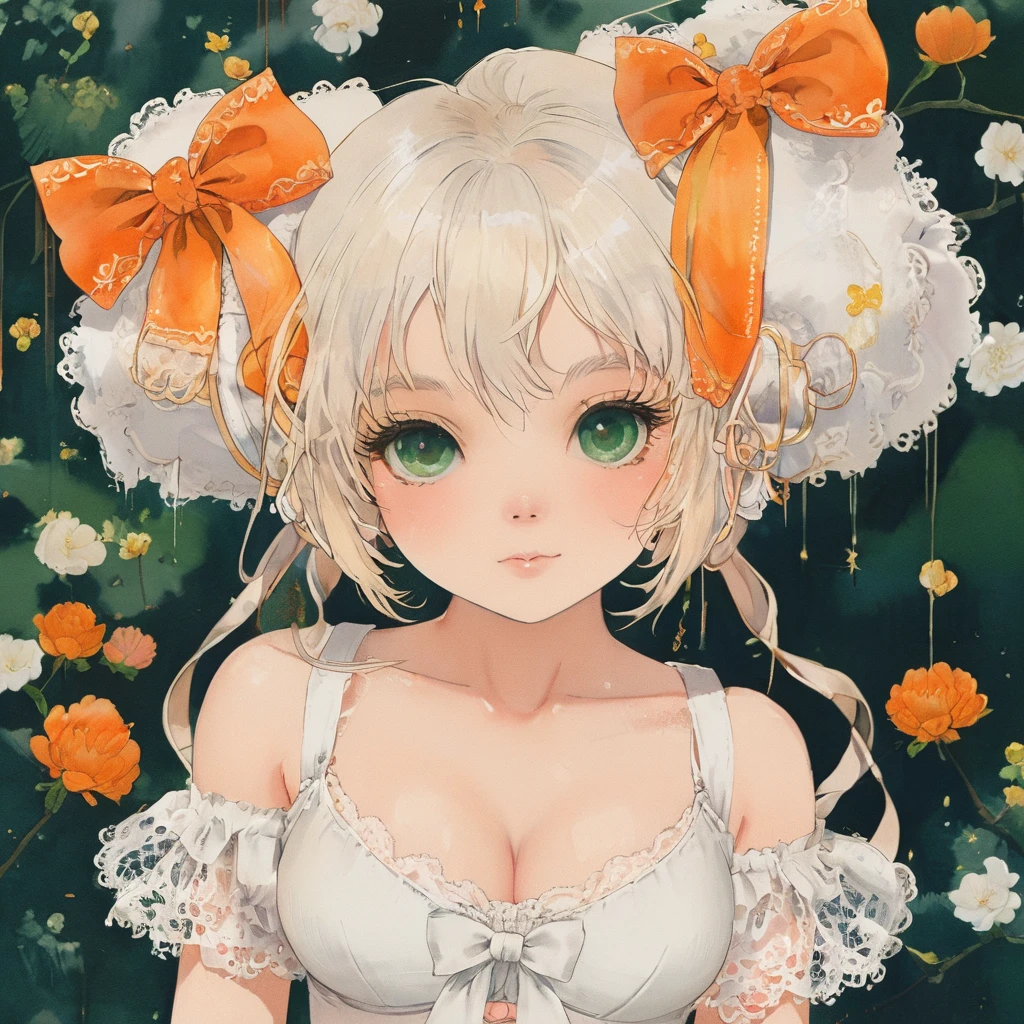 1girl, animal ears, bangs, bare shoulders, blonde hair, blush, bow, breasts, white cleavage, cropped torso, , green eyes, hair ribbon, heterochromia, holding,looking at viewer, open mouth, orange bow, orange eyes, orange ribbon, rabbit ears, ribbon, solo, stuffed animal, stuffed bunny, stuffed toy, twintails, upper body, full-length, white legbands, white shoes with lace and white bows, white background, wrist cuffs, yellow eyes, bloomers, close-up, fair skin frills, lace, midriff, skirt, solo, , white background,shorts, white top with ribbon and lace and trousers,trousers, genshin,white slippers with a bow,All clothes are white, laceAt full height, it stands
