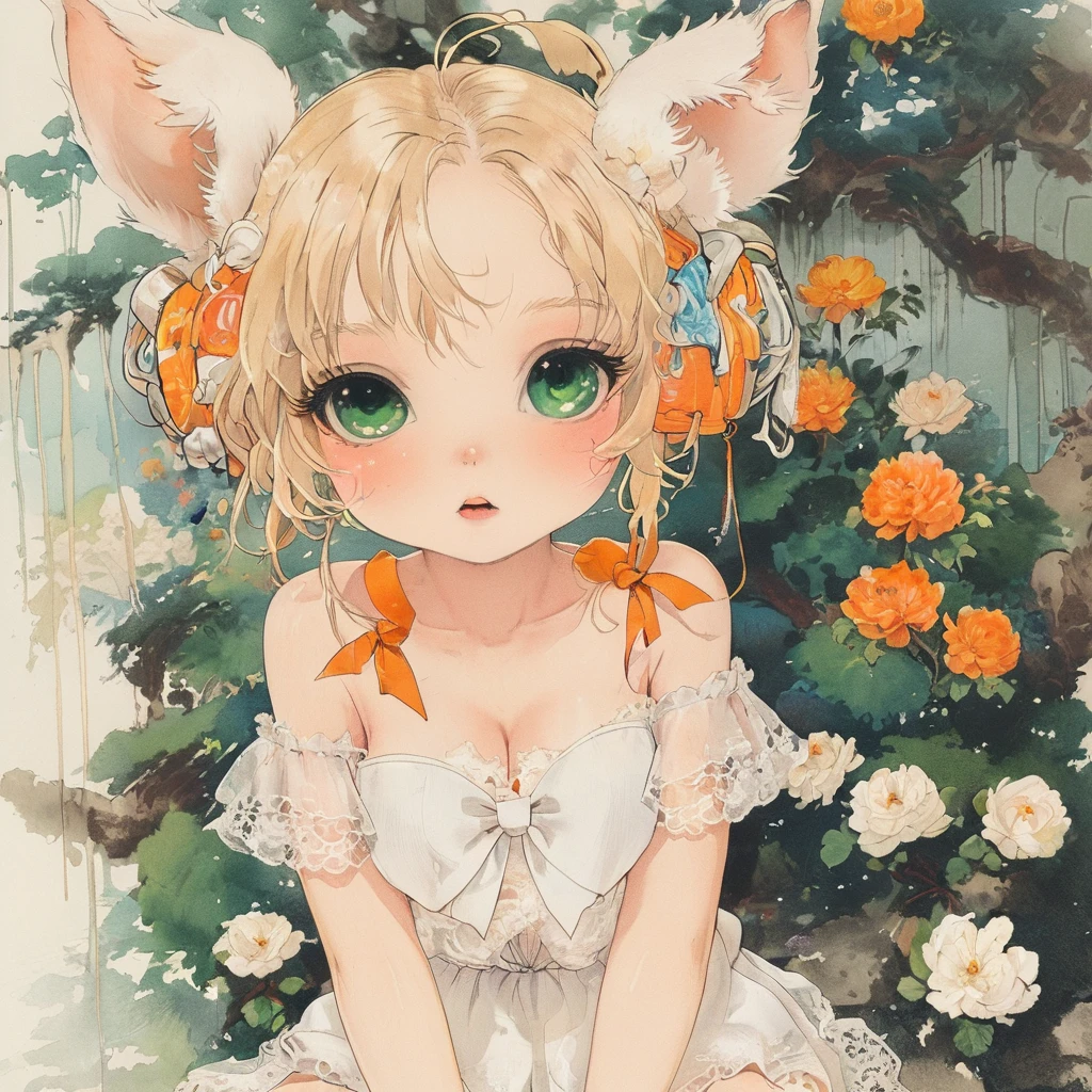 1girl, animal ears, bangs, bare shoulders, blonde hair, blush, bow, breasts, white cleavage, cropped torso, , green eyes, hair ribbon, heterochromia, holding,looking at viewer, open mouth, orange bow, orange eyes, orange ribbon, rabbit ears, ribbon, solo, stuffed animal, stuffed bunny, stuffed toy, twintails, upper body, full-length, white legbands, white shoes with lace and white bows, white background, wrist cuffs, yellow eyes, bloomers, close-up, fair skin frills, lace, midriff, skirt, solo, , white background,shorts, white top with ribbon and lace and trousers,trousers, genshin,white slippers with a bow,All clothes are white, laceAt full height, it stands