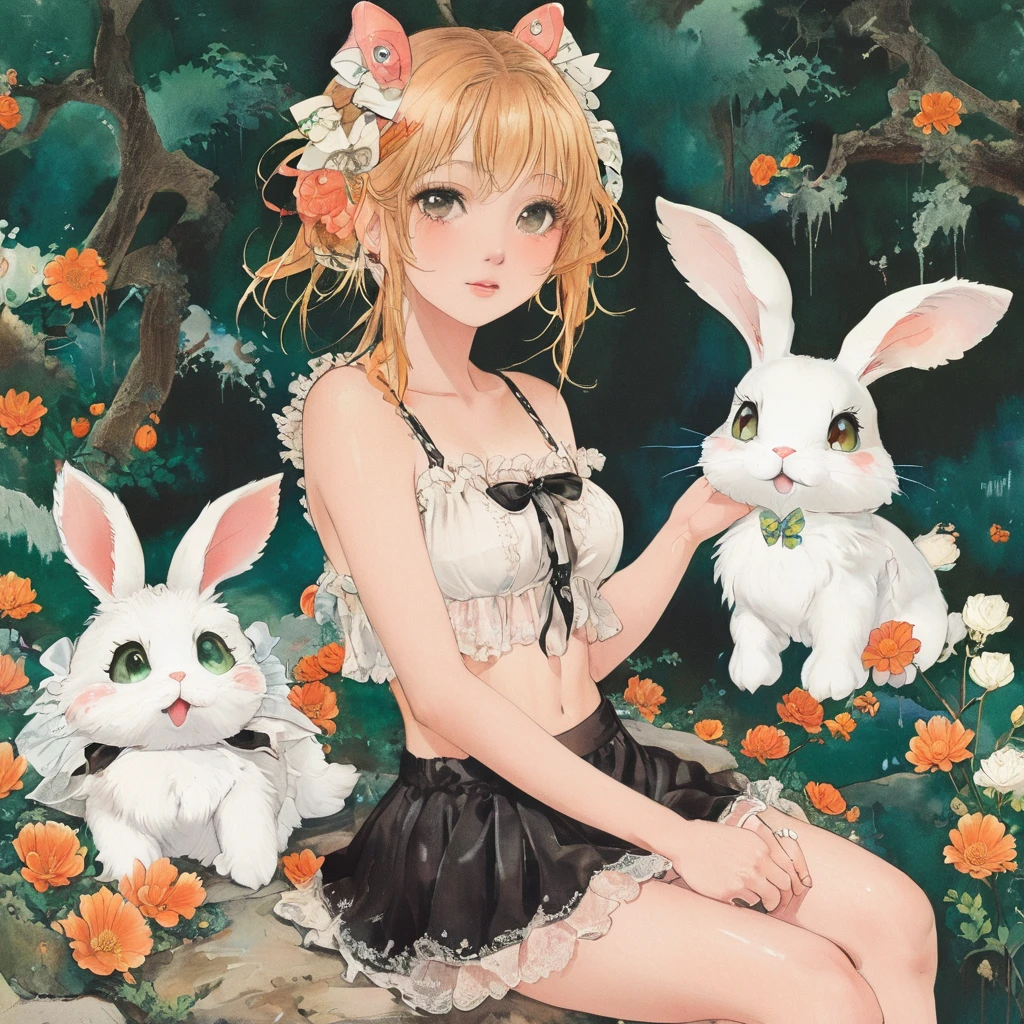 1girl, animal ears, bangs, bare shoulders, blonde hair, blush, bow, breasts, white cleavage, cropped torso, , green eyes, hair ribbon, heterochromia, holding,looking at viewer, open mouth, orange bow, orange eyes, orange ribbon, rabbit ears, ribbon, solo, stuffed animal, stuffed bunny, stuffed toy, twintails, upper body, full-length, white legbands, white shoes with lace and white bows, white background, wrist cuffs, yellow eyes, bloomers, close-up, fair skin frills, lace, midriff, skirt, solo, , white background,shorts, white top with ribbon and lace and trousers,trousers, genshin,white slippers with a bow,All clothes are white, laceAt full height, it stands