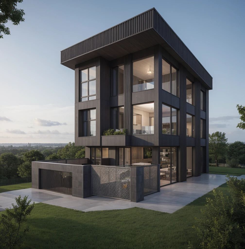 RAW photo, a photo of a modern villa with a car parked in front of it, ((1/2 dark grey wood facade)), architectural shot, gate, road, viet nam modern residence, rough white wall, new residential area, wide angle exterior 2022, contemporary house, exterior photography, masterpiece, contemporary architecture, overcast, indirect lighting