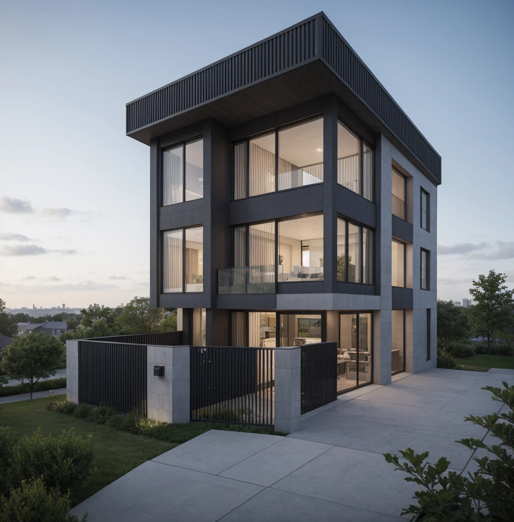 RAW photo, a photo of a modern villa with a car parked in front of it, ((1/2 dark grey wood facade)), architectural shot, gate, road, viet nam modern residence, rough white wall, new residential area, wide angle exterior 2022, contemporary house, exterior photography, masterpiece, contemporary architecture, overcast, indirect lighting