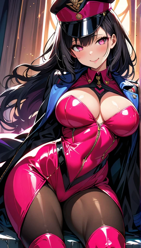 (highest quality:1.2,evil lady,cg, Very detailed, High Detail, digital coloring, High Contrast, masterpiece:1.2, highest quality, Best aesthetics), 8k,masterpiece, cute,tall,beautiful,best quality, 1lady,black hair,long hair,empty eyes, (finely detailed empty pupils and detailed face),,,,extremely detailed cg unity 8k wallpaper,solo,(latex military costume:0.9),large breasts,seductive smile,military hat,latex thighhigh,large breasts,black hair,pink eyes,pink leotard,pantyhose,military coat,enamel suits,grossy lips,sitting,,sadistic smile,,heel,shiny skin,military coat,detailed face,beautiful body,full-body,adult,leotard,show me breasts