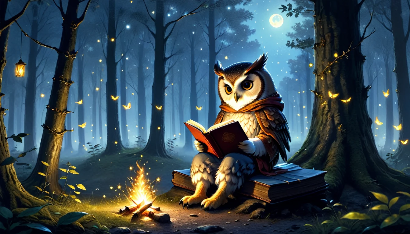 C4tt4stic, anthropomorphic cute owl character, dressed and bipedal, human-like posture, reading a book, under a tree, quiet forest, night, fireflies glowing, casual clothing, mysterious, fantasy art, exquisite details, Jean-Baptiste Monge style, Alan Lee style, movie scene, dramatic shot angles, atmospheric particles, realistic, raw cinematic photorealism, action portrait, 8k, detailed, full frame