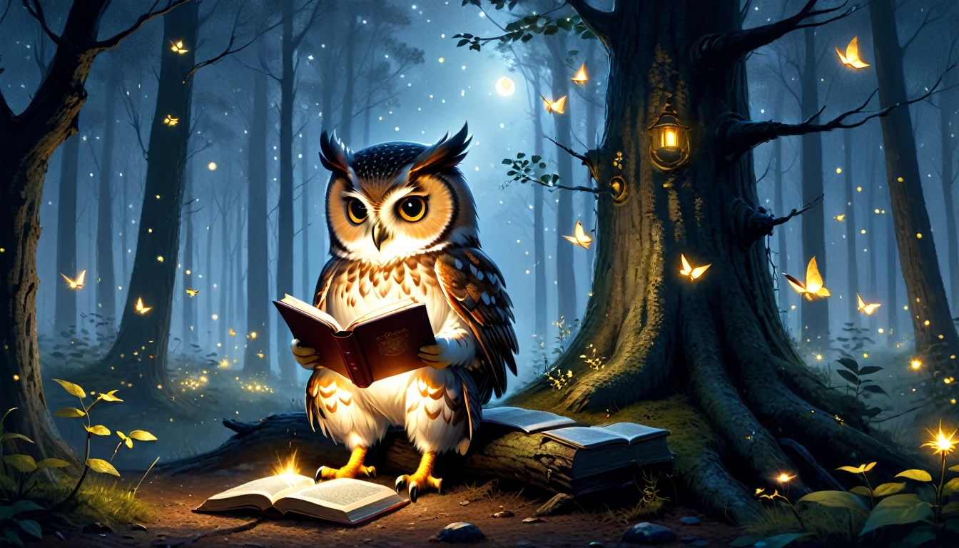 C4tt4stic, anthropomorphic cute owl character, dressed and bipedal, human-like posture, reading a book, under a tree, quiet forest, night, fireflies glowing, casual clothing, mysterious, fantasy art, exquisite details, Jean-Baptiste Monge style, Alan Lee style, movie scene, dramatic shot angles, atmospheric particles, realistic, raw cinematic photorealism, action portrait, 8k, detailed, full frame
