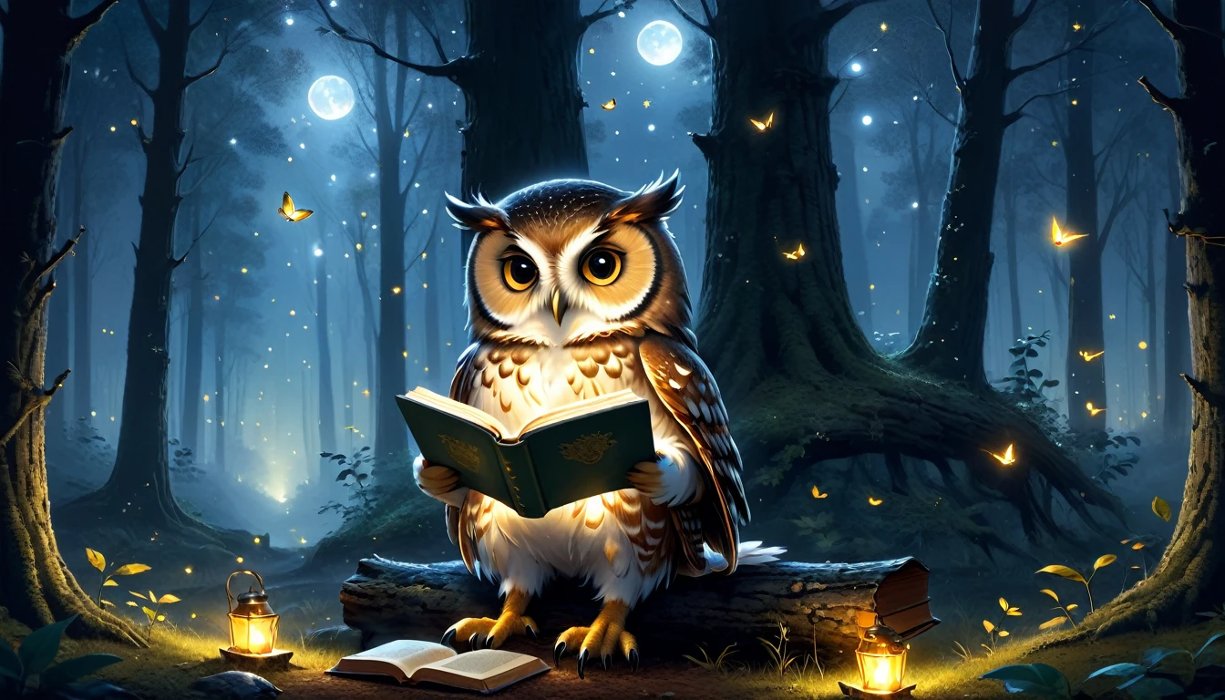 C4tt4stic, anthropomorphic cute owl character, dressed and bipedal, human-like posture, reading a book, under a tree, quiet forest, night, fireflies glowing, casual clothing, mysterious, fantasy art, exquisite details, Jean-Baptiste Monge style, Alan Lee style, movie scene, dramatic shot angles, atmospheric particles, realistic, raw cinematic photorealism, action portrait, 8k, detailed, full frame
