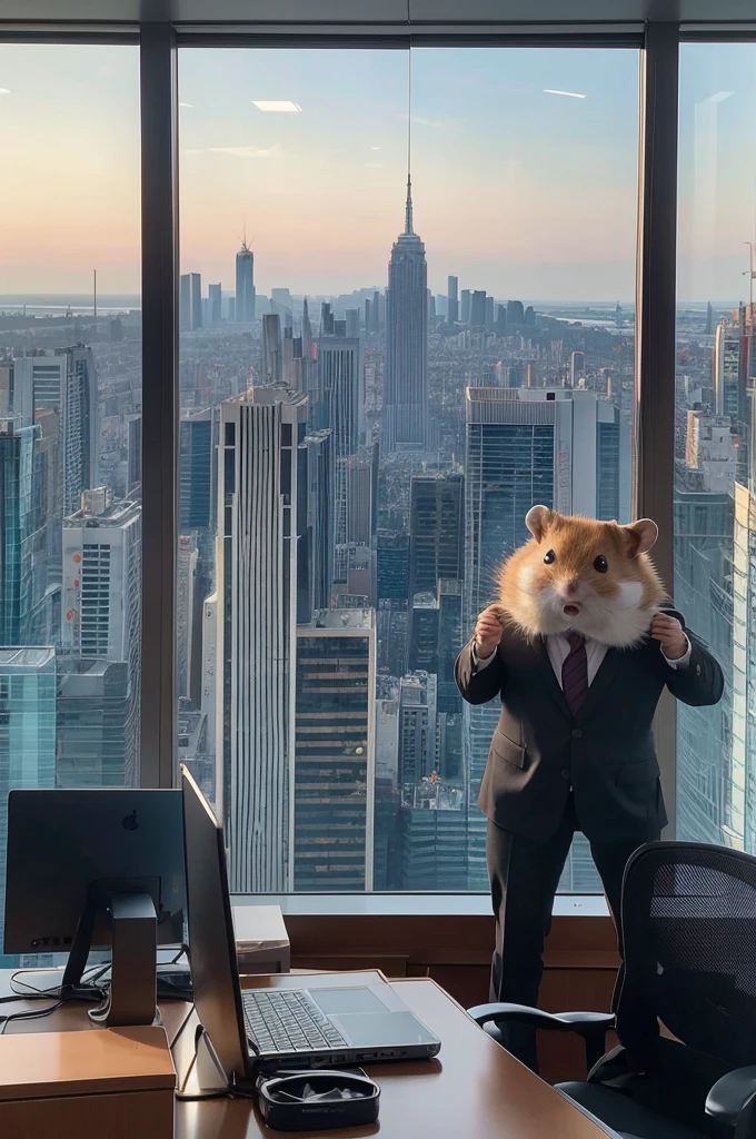 Panel 1: The Start of Success
Image Description: A vertical, full-color image showing a humanoid hamster in a suit standing confidently in a luxurious office. The hamster should be a golden Syrian hamster, consistently used throughout all panels. The office has a large desk with expensive gadgets like a high-end laptop, smartphone, and a stack of documents. In the background, there is a large window showcasing a panoramic view of a bustling cityscape with skyscrapers and busy streets.